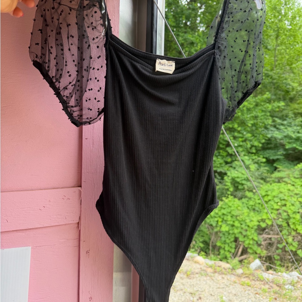 Peach Love California Black Ribbed Bodysuit with Sheer, short Puff Sleeves❤️ NWT